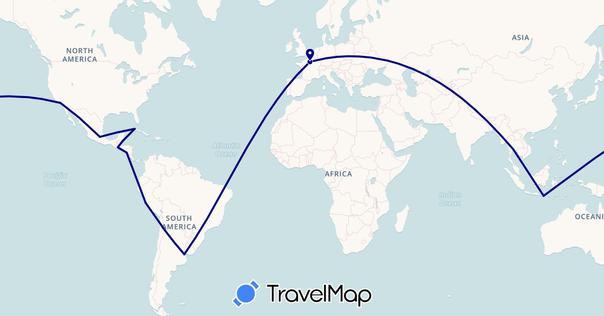 TravelMap itinerary: driving in Argentina, Belize, Cuba, France, Guatemala, Indonesia, Mexico, Nicaragua, Peru, Thailand, United States (Asia, Europe, North America, South America)